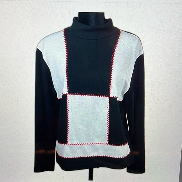 Teddi Buttons Up Black & White Mock Turtleneck Sweater w/Red Stitching | Medium - Picture 1 of 6